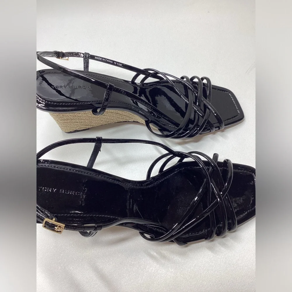 Tory Burch Black Multi Strap 75MM Wedge Sandals‎ Size 9